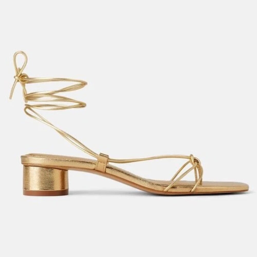 NWOT Zara Strappy Gold Heeled Sandals